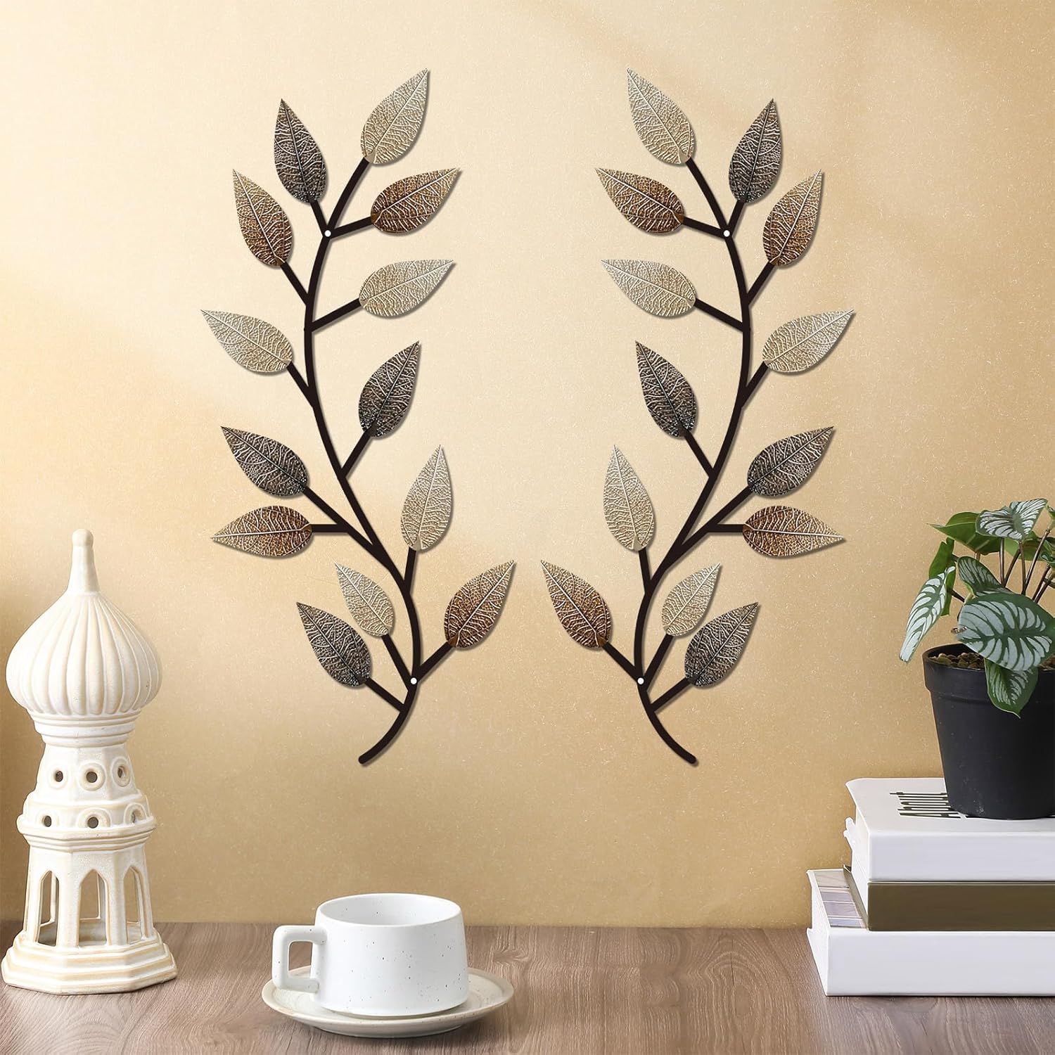 Zhengmy 2 Pieces Metal Tree Leaf Wall Decor Vine Olive Branch Leaf Wall Art Living Room, Hallway Wall Decor Outdoor Decoration(Vintage Brown)